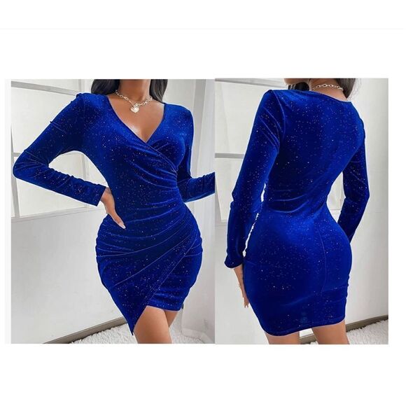 Sexyasasii Women's Mini Wrap V Neck Long Sleeve Velvet Bodycon Glitter Dress - Picture 1 of 8